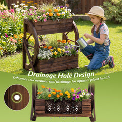 2-tier Raised Garden Bed Rustic Wood Wagon Planter with Drainage Holes and Semi-wheels-Coffee