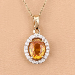 1.78 Carat Genuine Yellow Sapphire and White Diamond 14K Yellow Gold Pendant