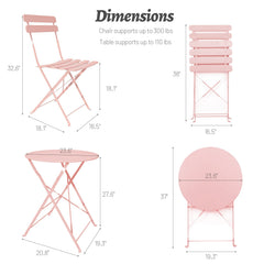 3 Pieces Patio Bistro Balcony Metal Chair Table Set - Pink
