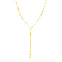 14K Yellow Gold Lariat Necklace with Paperclip Chain Stations