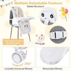 3-In-1 Convertible Highchair with Adjustable Height and 5-Point Safety Belt and Lockable Wheels