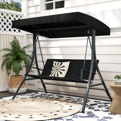 3-Person Porch Swing with Stand Outdoor Canopy Swing with Rattan Seat Back-Black