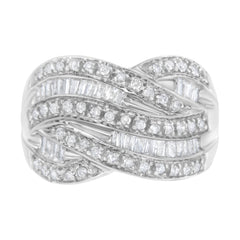 .925 Sterling Silver 1.0 Cttw Channel Set Alternating Round and Baguette Diamond Cross-over Bypass Ring Band (I-J Color, I2-I3 Clarity) - Size 7