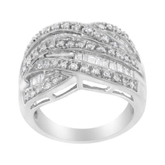 .925 Sterling Silver 1.0 Cttw Channel Set Alternating Round and Baguette Diamond Cross-over Bypass Ring Band (I-J Color, I2-I3 Clarity) - Size 7