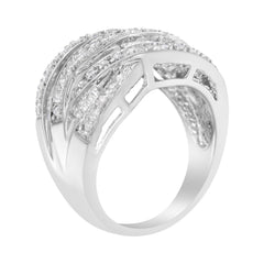 .925 Sterling Silver 1.0 Cttw Channel Set Alternating Round and Baguette Diamond Cross-over Bypass Ring Band (I-J Color, I2-I3 Clarity) - Size 7
