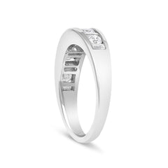 14K White Gold Alternating 1.0 Cttw Round and Baguette Diamond Channel Band Ring