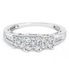 10K White Gold 1/2 Cttw Brilliant & Baguette Cut Diamond 3 Stone Design with 3 Square Clusters Engagement Ring (H-I Color, SI2-I1 Clarity) - Size 6-3/4