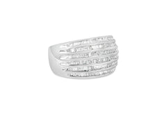 .925 Sterling Silver 1.0 Cttw Baguette-Cut Diamond 6-Row Channel Set Domed Tapered Cocktail Fashion Ring (H-I Color, I2-I3 Clarity) - Size 6-1/2