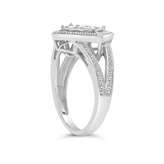 .925 Sterling Silver 1/3 Cttw Invisible Set Princess-Cut Diamond Rhombus and Beaded Halo Ring (H-I Color, SI1-SI2 Clarity) - Ring Size 7