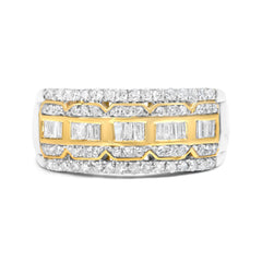 10K White and Yellow Gold 1.00 Cttw Baguette and Round cut Diamond Art Deco Multi-Row Ring Band (I-J Color, I1-I2 Clarity) - Ring Size 7