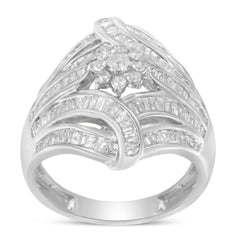 .925 Sterling Silver 1-1/8 Cttw Round & Baguette Diamond 'Flower & Fern' Cluster Cocktail Fashion Ring (I-J Color, I2-I3 Clarity) - Size 6