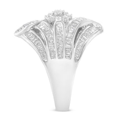 .925 Sterling Silver 1-1/8 Cttw Round & Baguette Diamond 'Flower & Fern' Cluster Cocktail Fashion Ring (I-J Color, I2-I3 Clarity) - Size 6