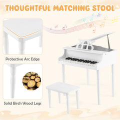 30-Key Wood Toy Kids Grand Piano with Bench and Music Rack-White