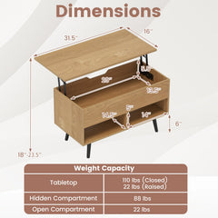 31.5 Inch Lift-Top Coffee Table with Hidden Storage and 2 Open Shelves