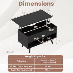 31.5 Inch Lift-Top Coffee Table with Hidden Storage and 2 Open Shelves