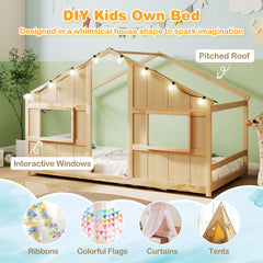 Twin Size House Bed with LED Lights Montessori Slat-free Floor Bed