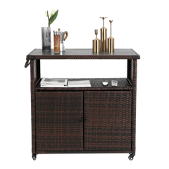 Outdoor Wicker Bar Cart with Glass Top and Wheels - Light Brown