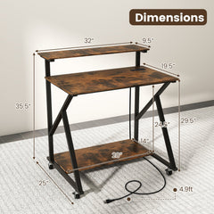 32 Inch Rolling Computer Desk for Small Spaces with Power Outlets