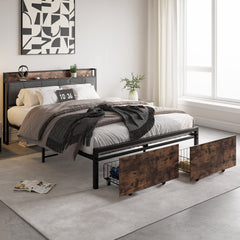 Upholstered Platform Bed with Storage and Charging Station in Vintage Brown and Gray