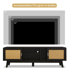 63'' Dark Rattan TV Stand with 2 Storage Cabinets and Solid Wood Legs