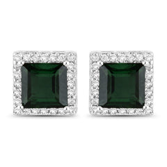 1.55 Carat Genuine Green Tourmaline and White Diamond 14K White Gold Earrings