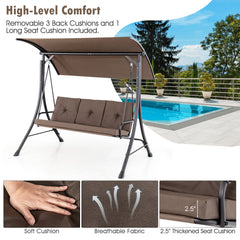 3-Seat Outdoor Porch Swing with Adjustable Canopy and Padded Cushions-Brown