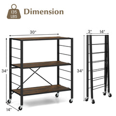 3-Tier Foldable Shelving Unit with Detachable Wheels and Adjustable Shelves