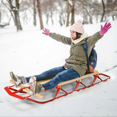 54 Inch Wood Snow Sled with Metal Runners and Steering Bar