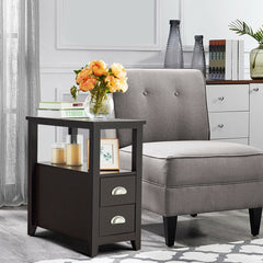 End Table Wooden with 2 Drawers and Shelf Bedside Table