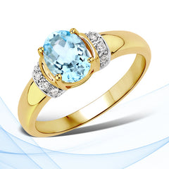 1.09 Carat Genuine Aquamarine and White Diamond 14K Yellow Gold Ring