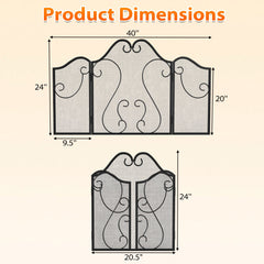 3 Panel Fireplace Screen Foldable Spark Guard Cover with Decorative Scroll