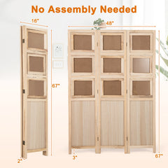 3 Panel Folding Privacy Screen with 9 Swivel Paulownia Wood Photo Frames-Natural