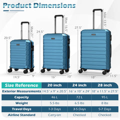 3-Piece Hardside Luggage Set Lightweight Hardside Suitcases with 8-Spinner Wheels