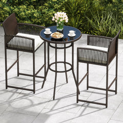 3 Piece Patio Bar Set Outdoor Wicker Bar Height Round Table and Armchairs-White