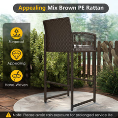 3 Piece Patio Bar Set Outdoor Wicker Bar Height Table and Armchairs with 2 Seat Cushions-White