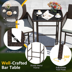 3 Piece Patio Bar Set Outdoor Wicker Bar Height Table and Armchairs with 2 Seat Cushions-White