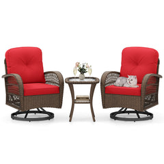 3 Piece Patio Swivel Rocker Set with Tempered Glass Side Table and Thick Cushions