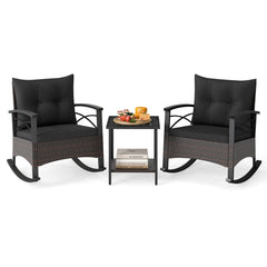 3 Piece Rocking Bistro Set PE Rattan Rocker Chairs with Acacia Wood Top Table