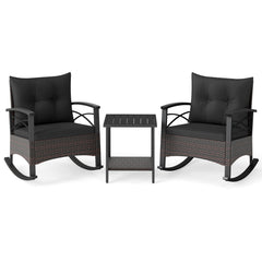 3 Piece Rocking Bistro Set PE Rattan Rocker Chairs with Acacia Wood Top Table