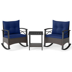 3 Piece Rocking Bistro Set PE Rattan Rocker Chairs with Acacia Wood Top Table
