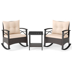 3 Piece Rocking Bistro Set PE Rattan Rocker Chairs with Acacia Wood Top Table