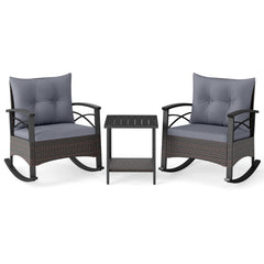 3 Piece Rocking Bistro Set PE Rattan Rocker Chairs with Acacia Wood Top Table