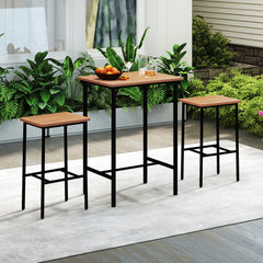 3 Pieces Acacia Wood Patio Bar Set Rectangular Table with Metal Frame