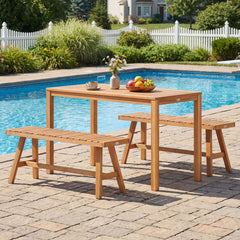 3 Pieces Acacia Wood Patio Dining Set Outdoor Rectangular Table and Benches with Slatted Seats