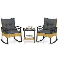 3 Pieces Outdoor Rattan Rocking Chairs Set with 2-Tier Side Table for Garden Backyard