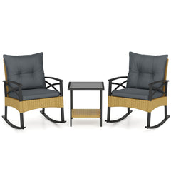 3 Pieces Outdoor Rattan Rocking Chairs Set with 2-Tier Side Table for Garden Backyard