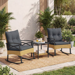 3 Pieces Outdoor Rattan Rocking Chairs Set with 2-Tier Side Table for Garden Backyard