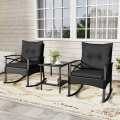 3 Pieces Outdoor Rattan Rocking Chairs Set with 2-Tier Side Table for Garden Backyard