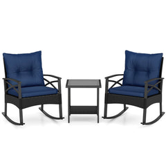 3 Pieces Outdoor Rattan Rocking Chairs Set with 2-Tier Side Table for Garden Backyard