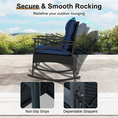 3 Pieces Outdoor Rattan Rocking Chairs Set with 2-Tier Side Table for Garden Backyard